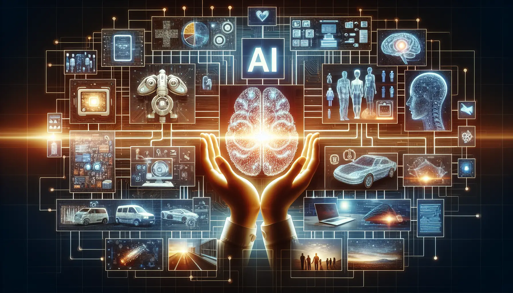 A futuristic depiction of two hands cupping a glowing "what is ai" symbol surrounded by assorted icons representing technology and analytics, set against a dark, digital background.